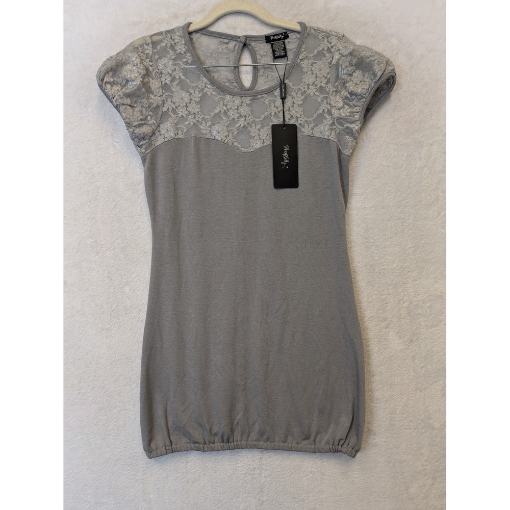 Rhapsody Womens Gray Lace Yoke Short Sleeve Top Bubble Hem‎ Metallic Silver Med